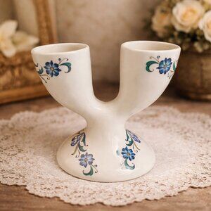 CROWN EARTHENWARE Ceramic Double Egg Cup | Floral | 4.5" x 4" | White Blue